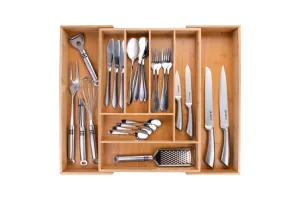 alpina Uitschuifbare Bestekbak 34-56.5cm x 46 x 6cm - Besteklade - 6 tot 8 Vakken - Bamboe