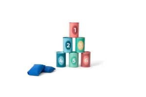 BS Toys Blikgooien Werpspel - Dieren en Cijfers - Pittenzak Gooien - Kinderspeelgoed vanaf 3 Jaar - Buitenspeelgoed - 6 Gekleurde Blikken - Cadeau kind