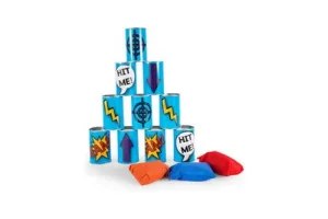 BS Toys Blikgooien Werpspel - Pittenzak Gooien - Kinderspeelgoed vanaf 3 Jaar - Buitenspeelgoed - 10 Blikken - Blauw - Spelletjes voor kinderen - Buiten speelgoed - Buitenspel - Buiten Spellen - Tuin Speelgoed - Cadeau kind