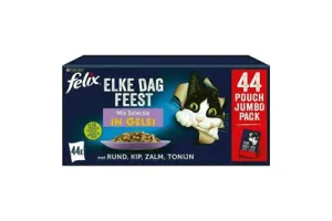 Felix Elke Dag Feest in Gelei Mix Selectie - Kattenvoer Natvoer - Tonijn Zalm Rund &amp; Kip- 44 x 85 g