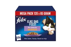 Felix Elke Dag Feest Mix selectie in Gelei - Kattenvoer Natvoer - Zalm Tonijn Rund &amp; Kip - 120 x 85 g
