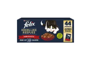 Felix Heerlijke Reepjes Farm Selectie - Kattenvoer natvoer - Rund, Kip, Eend, Kalkoen - 44 x 80g