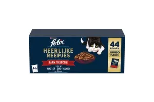 Felix Heerlijke Reepjes Farm Selectie - Kattenvoer natvoer - Rund, Kip, Eend, Kalkoen - 44 x 80g