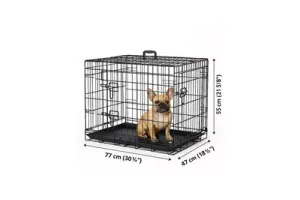 Flamingo Draadkooi Mezo Zwart – M | 77x47x55 cm – Opvouwbare Bench voor Hond &amp; Kat Met 2 Deuren, Handvat &amp; Kunststof Lade – Ideaal voor Thuis of Onderweg