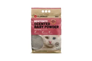 Flamingo Kattenbakvulling Bentoniet met Babypoeder – 12 KG voor 10 Weken, Fijne Korrels, Klonterend, Super Absorberend, Stofarm, Heerlijke Babypoedergeur – Uit Europa