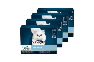 Gourmet Perle Zee Duo - Kattenvoer Natvoer - Zalm &amp; Koolvis / Zalm &amp; Witvis / Zeevis &amp; Tonijn / Sardine &amp; Tonijn - 48 x 85 g