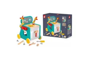 Janod Brico'Kids - Robot Trolley - Speciale Doe-Het-Zelf Activiteitenwagen - Inclusief 38 Accessoires - Magnetisch Met Opbergvak Voor Gereedschap Aan De Voorkant - Geschikt Vanaf 18 Maanden