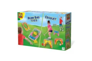 SES - Croquet and pittenzak gooien - 2-in-1 spellen - echt houten onderdelen met vrolijke illustraties - in handige bewaartas