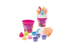 Strand/zandbak speelgoed roze emmer met vormpjes en ijsvormpjes - Zandbakspeeltjes - Strandspeelgoed