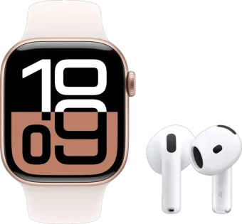 Apple Watch Series 10 42mm Rosegoud Sportband S/M + AirPods 4 Active Noise Cancelling