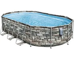 Bestway - Power Steel Swim Vista - Opzetzwembad inclusief filterpomp en accessoires - 610x366x122 cm - Steenprint - Ovaal