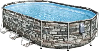 Bestway - Power Steel Swim Vista - Opzetzwembad inclusief filterpomp en accessoires - 610x366x122 cm - Steenprint - Ovaal