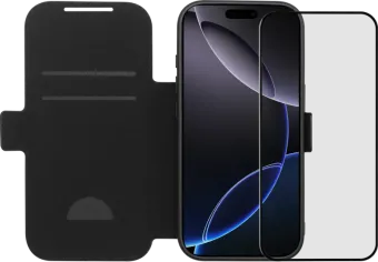 BlueBuilt Apple iPhone 17 Pro Book Case Leer Zwart + BlueBuilt iPhone 17 Pro Screenprotector Glas