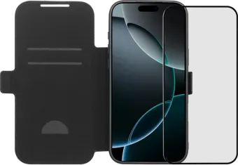 BlueBuilt Apple iPhone 17 Pro Max Book Case Leer Zwart + BlueBuilt iPhone 17 Pro Max Screenprotector Glas