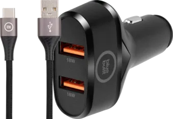 BlueBuilt Quick Charge Autolader 18W Zwart + Usb C Kabel 1,5m Nylon Zwart