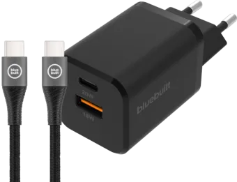 BlueBuilt Snellader met 2 Usb Poorten 38W Zwart + Usb C Kabel 1,5m