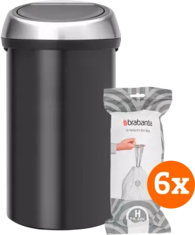 Brabantia Touch Bin 60 Liter Matt Black Fingerprint Proof + Vuilniszakken (120 stuks)