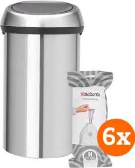 Brabantia Touch Bin 60 Liter Matt Steel + Vuilniszakken (120 stuks)