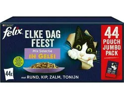 Felix Elke Dag Feest in Gelei Mix Selectie - Kattenvoer Natvoer - Tonijn Zalm Rund & Kip- 44 x 85 g