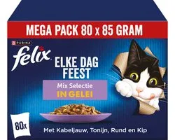 Felix Elke Dag Feest Mix Selectie in Gelei - Kattenvoer Natvoer - Kabeljauw Tonijn Rund & Kip - 80 x 85 g