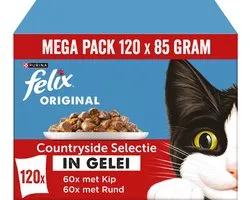 Felix Original Mix Selectie in Gelei - Countryside Selectie - Kattenvoer Natvoer - Rund & Kip - 120 x 85 g