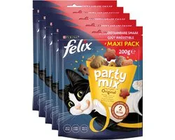 Felix Party Mix Original - Kattensnacks - Kattensnoepjes - Kip Kalkoen & Lever - 5 x 200 g