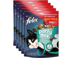 Felix Party Mix Seaside - Kattensnacks - Kattensnoepjes - Zalm Koolvis & Forel- 5 x 200 g