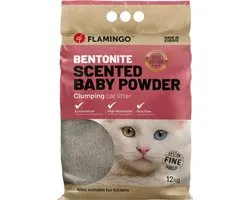 Flamingo Kattenbakvulling Bentoniet met Babypoeder – 12 KG voor 10 Weken, Fijne Korrels, Klonterend, Super Absorberend, Stofarm, Heerlijke Babypoedergeur – Uit Europa