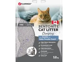 Flamingo Kattenbakvulling Bentoniet met Babypoeder en Zeoliet – 12 KG voor 10 Weken, Super Absorberend, Stofarm, Heerlijke Babypoedergeur, Ook Geschikt voor Kittens – Uit Canada