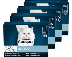 Gourmet Perle Zee Duo - Kattenvoer Natvoer - Zalm & Koolvis / Zalm & Witvis / Zeevis & Tonijn / Sardine & Tonijn - 48 x 85 g