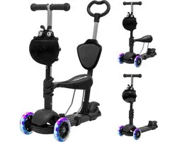 LifeGoods MultiRider - Kinderstep met Duwstang - 3 tot 8 Jaar - Hoogte Verstelbaar - Jongens/Meisjes - Lichtgevende LED Wielen - Zwart