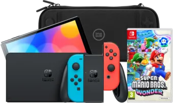 Nintendo Switch OLED Blauw/Rood + Super Mario Bros. Wonder + BlueBuilt Beschermhoes