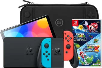 Nintendo Switch OLED Blauw/Rood + Super Mario Galaxy 1+2 + BlueBuilt Beschermhoes