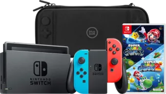 Nintendo Switch Rood/Blauw + Super Mario Galaxy 1+2 + BlueBuilt Beschermhoes