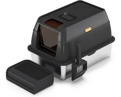 Nuvona Premium Kattenbak RVS - XXL - Incl. Geurneutralisator - Incl. Kattenbakschep & Grit Opvanger - Voor Grote & Kleine Katten - 37L Inhoud - Zwart