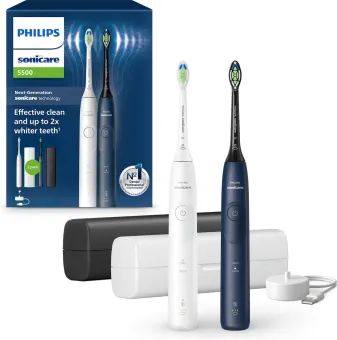 Philips Sonicare 5500 Series - Elektrische Tandenborstels - Wit & Blauw Duopack - 2 Reisetuis - Wittere tanden - HX7119/01 Philips Sonicare 5500 Series - Elektrische Tandenborstels - Wit & Blauw Duopack - 2 Reisetuis - Wittere tanden - HX7119/01