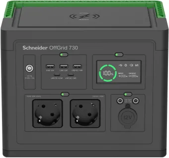 Schneider OffGrid Portable Power Station 730 - Li-Ion accu, LCD, 2x stopcontact, 3x USB-A, 2x USB-C, 3x 12V, wireless charging pad Schneider OffGrid Portable Power Station 730 - Li-Ion accu, LCD, 2x stopcontact, 3x USB-A, 2x USB-C, 3x 12V, wireless charging pad