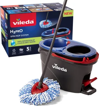 Vileda H2Pro Spin Mop-systeem, Complete set met spinmop en emmer met pedaalpers, Twee gescheiden waterreservoirs, Schoon water bij elke spoeling Vileda H2Pro Spin Mop-systeem, Complete set met spinmop en emmer met pedaalpers, Twee gescheiden waterreservoirs, Schoon water bij elke spoeling